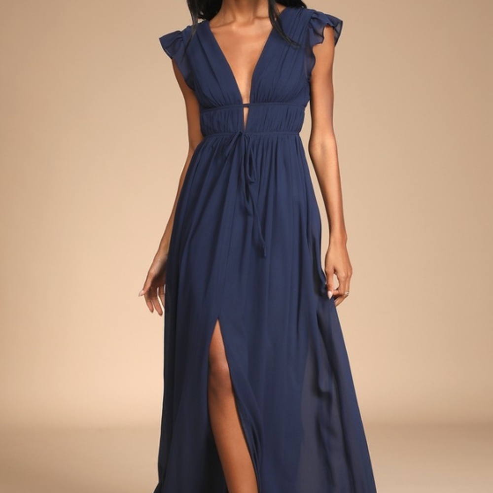 Lulus I'm All Yours Navy Blue Ruffled Maxi Dress - Size XS